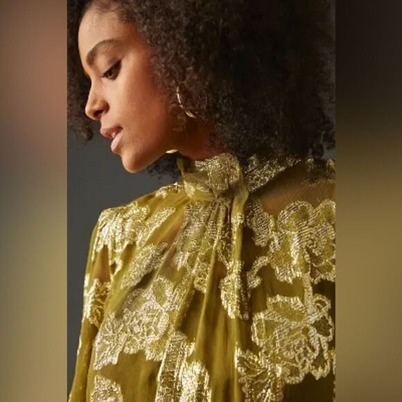 NWOT Mille Charlotte Long Sleeve Metallic Pleated Blouse in Gold Leaf size XXS - Picture 6 of 16